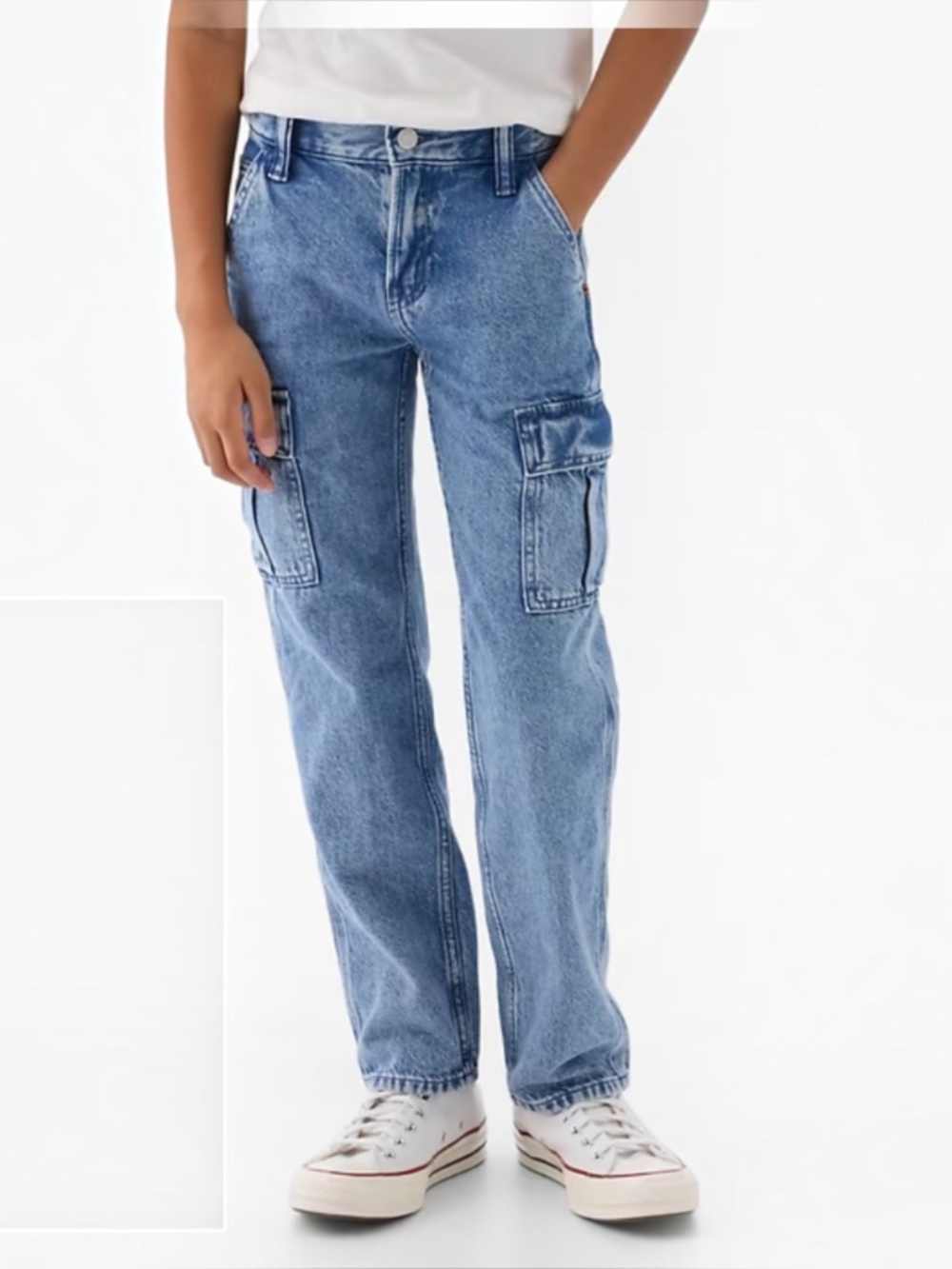 NWT Gap Kids Boys Size 14 Husky Straight Cargo Jeans Acid Wash Blue